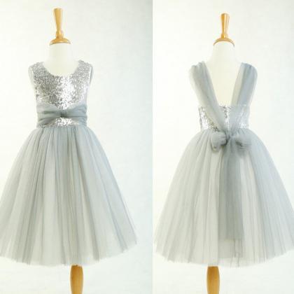 Cute Round Neck Silver Tulle Sleeveless Flower..