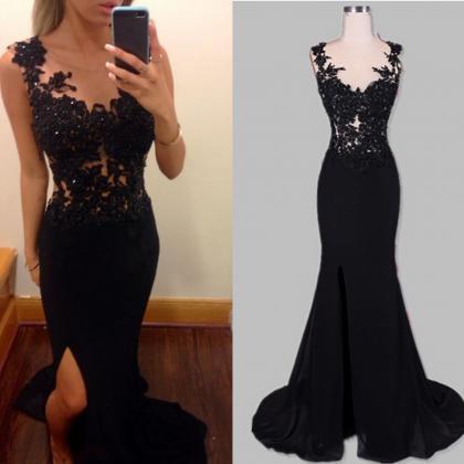 Black Sexy Evening Dresses Mermaid Sheer Scoop Appliques Backless Side ...