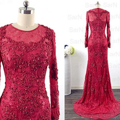 Long Sleeves Fahionable Red Women Evening Dresses..