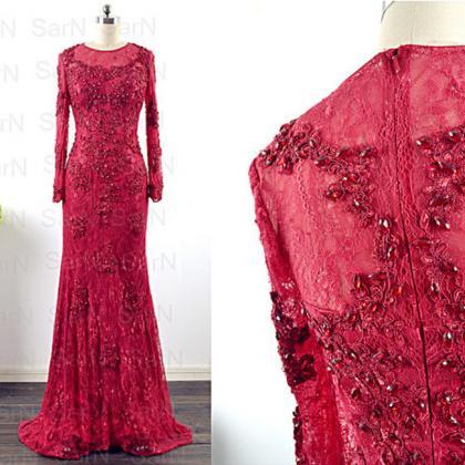 Long Sleeves Fahionable Red Women Evening Dresses..