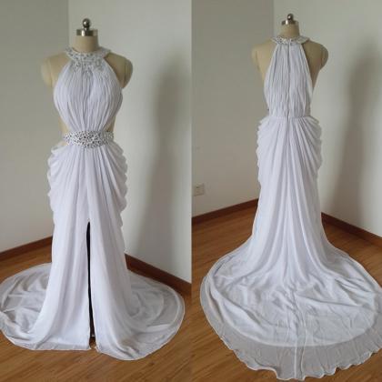 2015 Sexy White Chiffon Beaded Long Prom Dress..