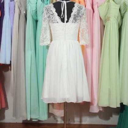 V-neck Half Sleeves Lace Short Wedding Dress,..