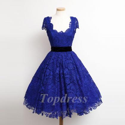 Charming Royal Blue Lace Cap Sleeve Prom Party..