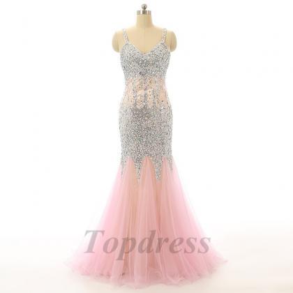 Charming 2016 Crystal Mermaid Evening Dress Pink..