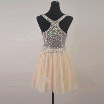 Sparkly V Neck Crystal Champagne Short Homecoming..