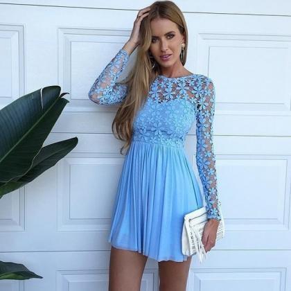 Sexy Long Sleeve Hollow Lace Blue Homecoming..
