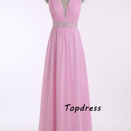 Elegant Long Pink Prom Dresses A Line V Neck Cross..