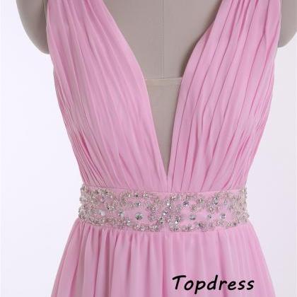 Elegant Long Pink Prom Dresses A Line V Neck Cross..