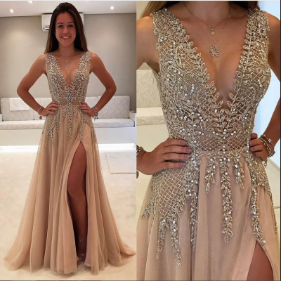 Charming Champagne Deep V-neck Sparkly Long Prom Dresses with Split Evening Dresses Party Dresses