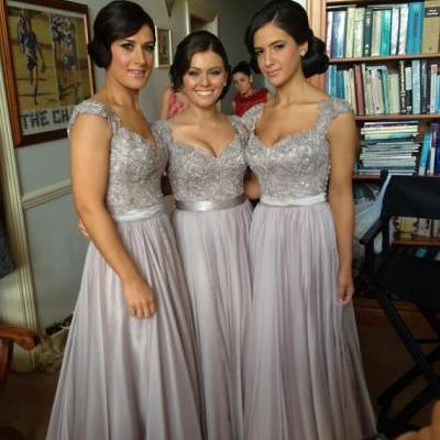 Silver chiffon lace Custom made 2015 New Cap sleeve long Bridesmaid Dresses Formal dresses , Prom dresses ,Beads Evening Gowns