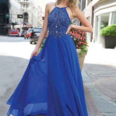 Royal blue beaded sleeveless prom dress long chiffon dress elegant popular graduation dress formal dress,party dresses,prom dresses