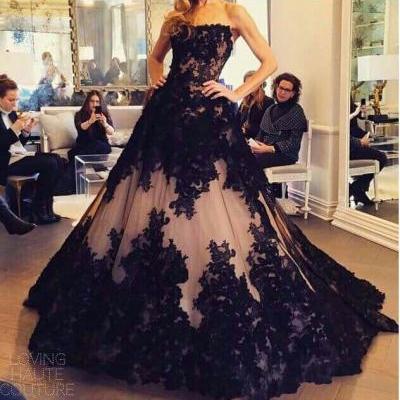 Black Lace Luxury Evening Dresses 2015 A-line Strapless Backless Sweep Train Tulle Formal Party Dresses,Dress,Gowns