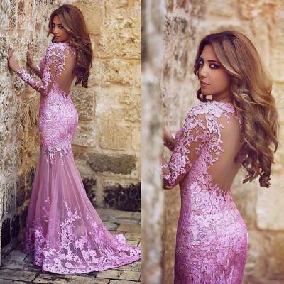 Mermaid Tulle Applique Lace Plum Prom Dresses Scoop Neck Transparent Long Sleeves Formal Evening Dress Appliques Gowns Party Dresses With Backless