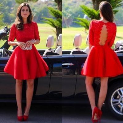 2016 Short Red Lace and Tulle Party Dress Cocktail Dress Open Back Prom Dresses with Half Sleeves,Homecoming Dresses
