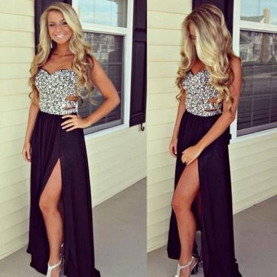 Sexy Black Prom Gowns A-line Sweetheart Backless High Slit Long chiffon Party Dresses Graduation Dress 2015 Custom