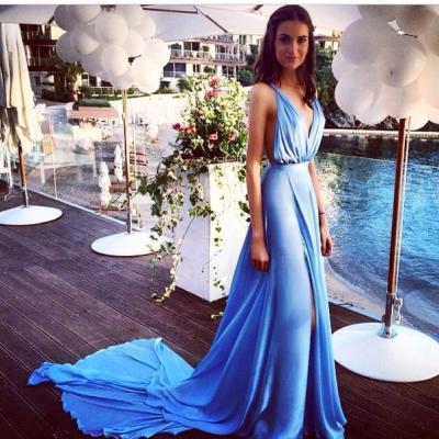 Blue Chiffon 2015 Sexy Summer Evening Dresses with Long Train Deep V Neck Side Slit Open Back Popular Prom Dresses Party Gown