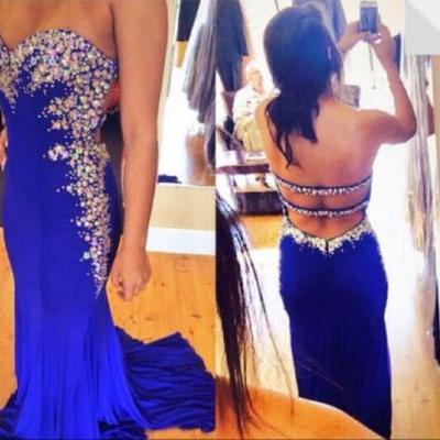 2015 Royal Blue Prom Dresses With Sweetheart Sexy Backless Big Sparkling Crystals Mermaid Formal Evening Gowns Party Dress