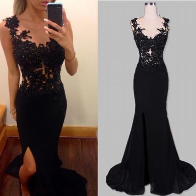 Black Sexy Evening Dresses Mermaid Sheer Scoop Appliques Backless Side Slit Chiffon Long Women Formal party Dresses Prom Gowns