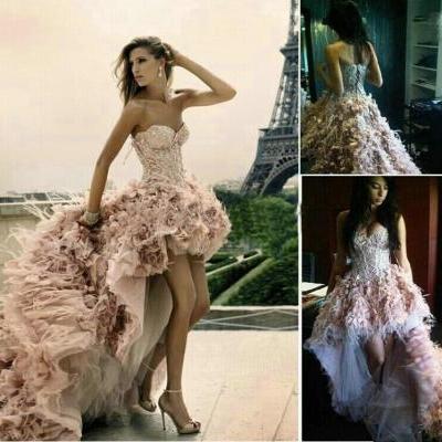 Sweetheart High-low Short Front Long Back Feather Wedding Dress,Beaded Crystal Lace Up Corset Bodice Pink Short Wedding Gown,Custom Made Cheap Bridal Wedding Dresses,Ball Gown Quinceanera Dress,Prom Dress 