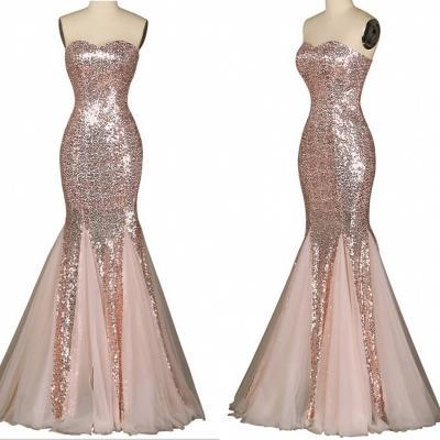Nude Pink Women Party Dresses 2015 Real Mermaid Sexy Sweetheart Floor length Sequins Tulle Lace Up Evening Dress Prom Gowns