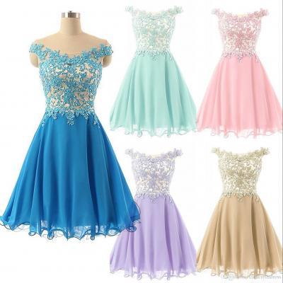 5 Colors Cap Sleeve A Line Chiffon Lace Appliques Beads Sheer Neck Bridesmaid Dress for Party Prom Gown Cheap Cocktail Dress Homecoming Dresses