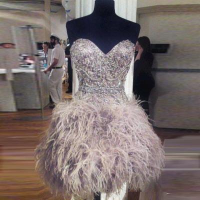 Custom Made Feather-Embellished Sweetheart Evening Dress, Homecoming Dresses, Cocktail Dress, Graduation Dress with Rhinestones 
