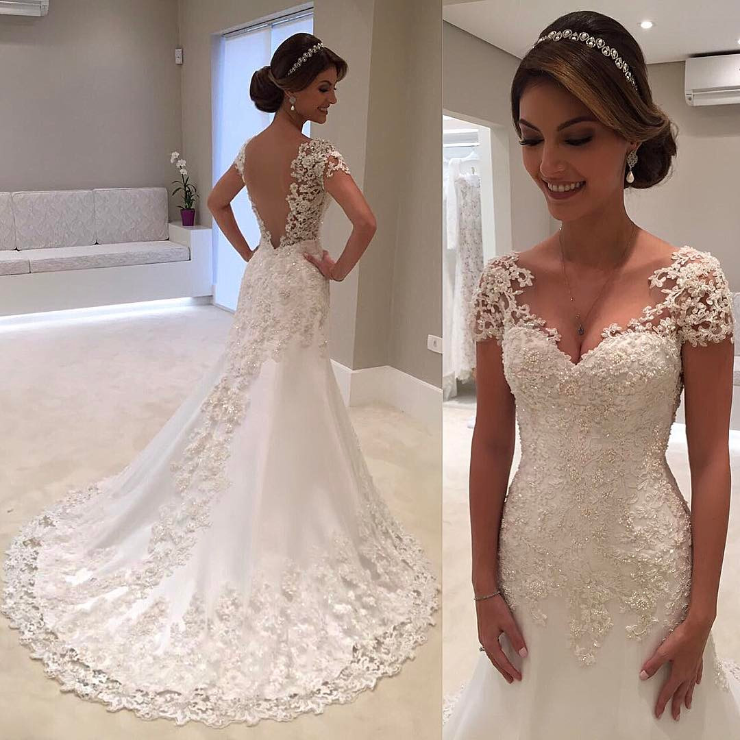 Y White Lace Short Sleeves Wedding Dress Vintage Mermaid Y White Lace Short Sleeves Wedding Dress Vintage Mermaid Gowns Bridal Dresses