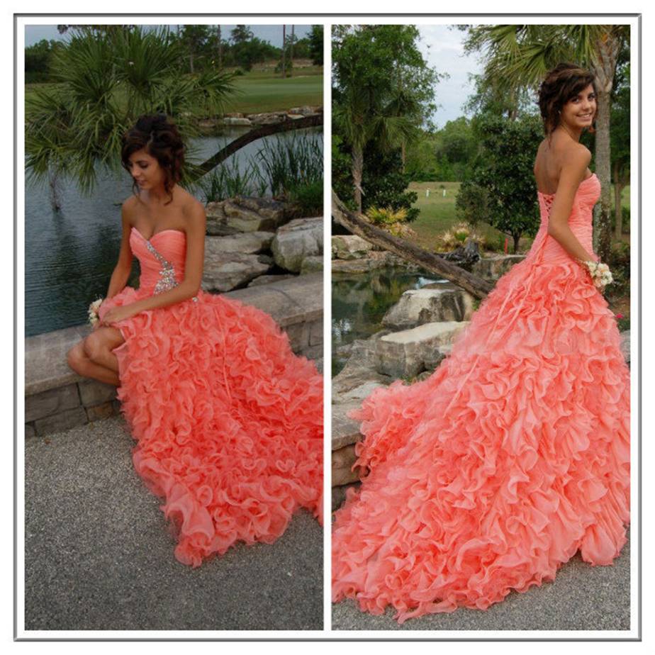 Long Coral Prom Dresses Short In Front Long In Back Hot&Sexy Sweetheart ...
