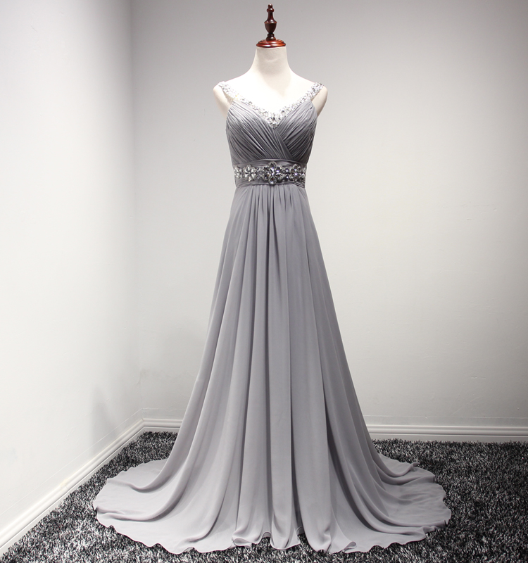 Grey Chiffon Women Evening Dresses,long Sexy Party Dresses Spaghetti Backless Beads Prom Gowns,formal Dresses