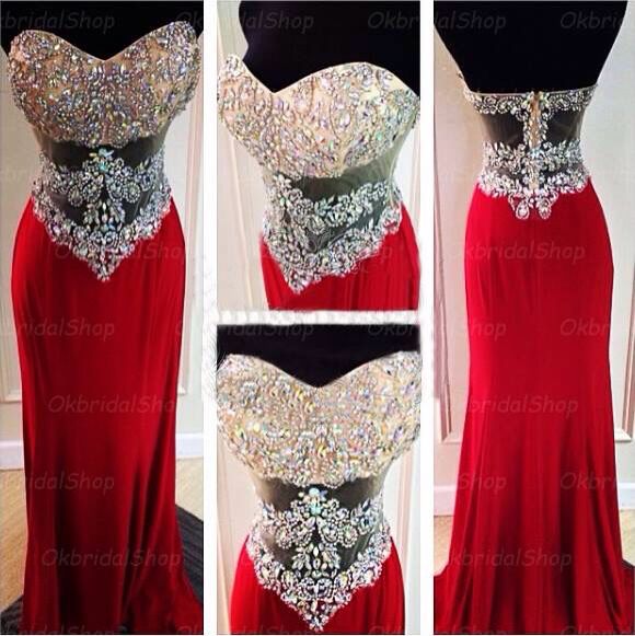 Red Sexy Prom Gowns 2015 Mermaid Sweetheart Backless Crystals Long Chiffon Formal Party Dresses Prom Dress