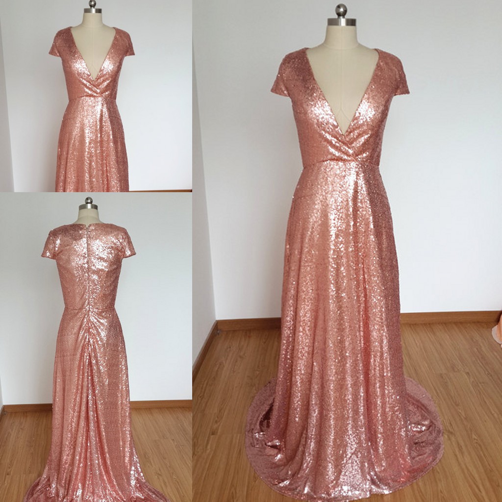 Sexy Deep V-neck Evening Dresses A-line Cap Sleeve Long Sequined Formal Dresses Party Gowns Special Occasion Dresses