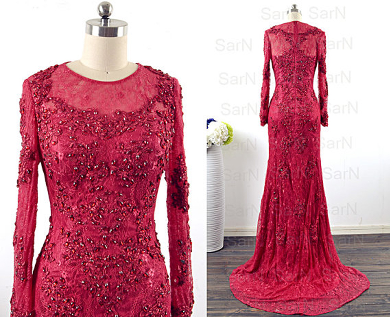 Long Sleeves Fahionable Red Women Evening Dresses 2015 Mermaid Appliques Crystals Court Train Lace Formal Party Dresses Women Dresses Gowns