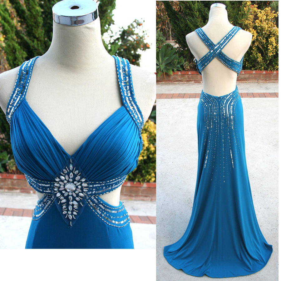 2016 New Arrival Blue Sheath sweetheart Spaghetti Backless Sequined Crystals Floor Length Chiffon Party Dresses Prom Dress Gowns