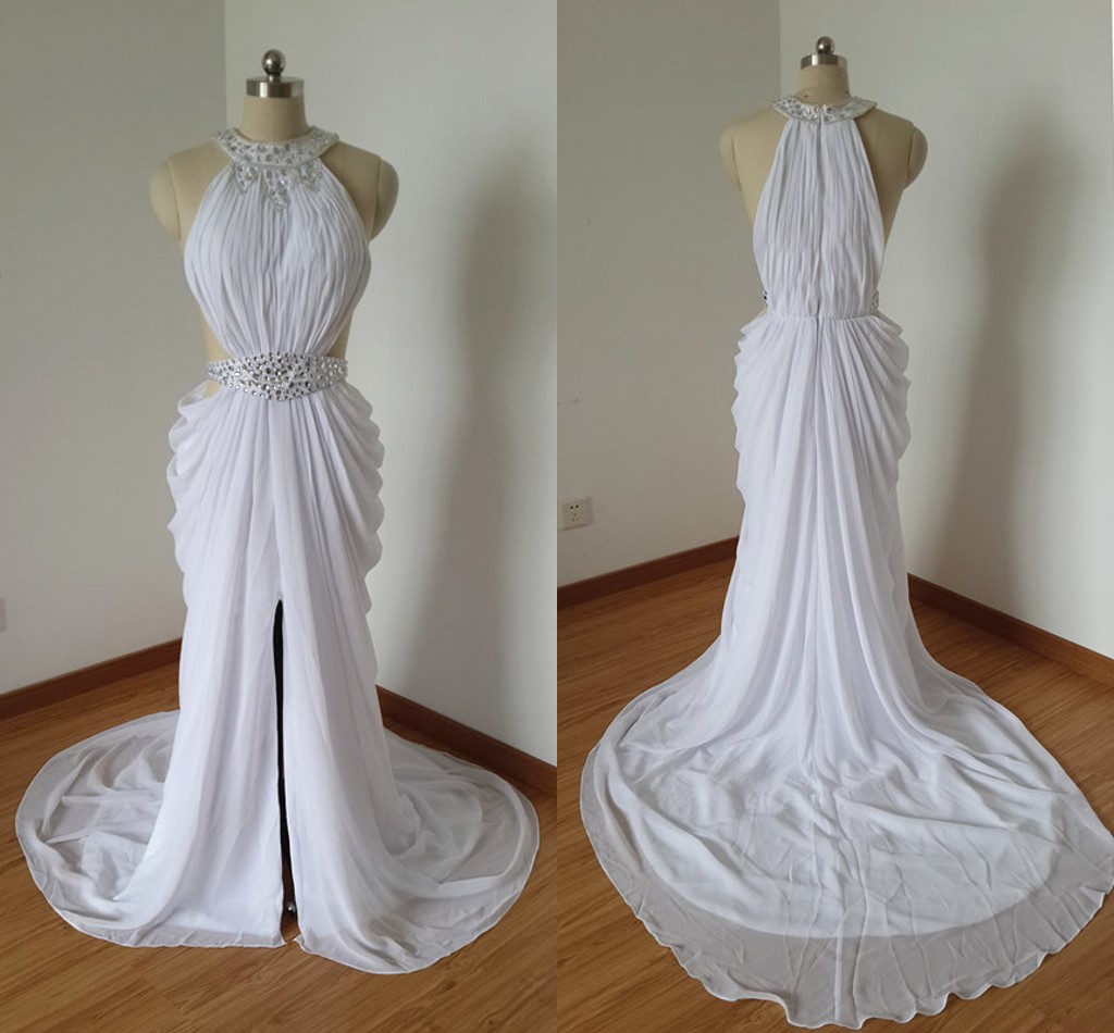 2015 Sexy White Chiffon Beaded Long Prom Dress With Long Train,crystals Party Dresses