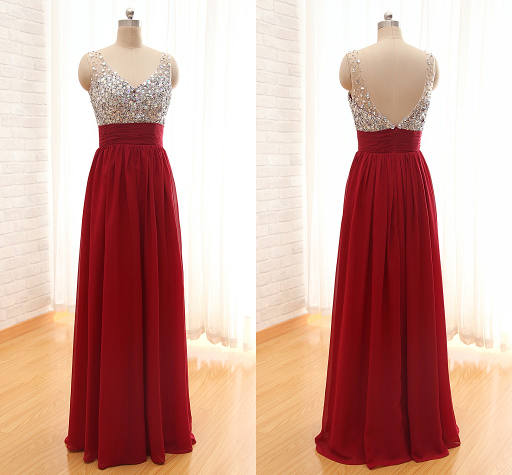 Custom Made Red Prom Dress,long Prom Dresses,chiffon Prom Dresses With Crystals Beaded,drsses For Prom,2015 Prom Dresses