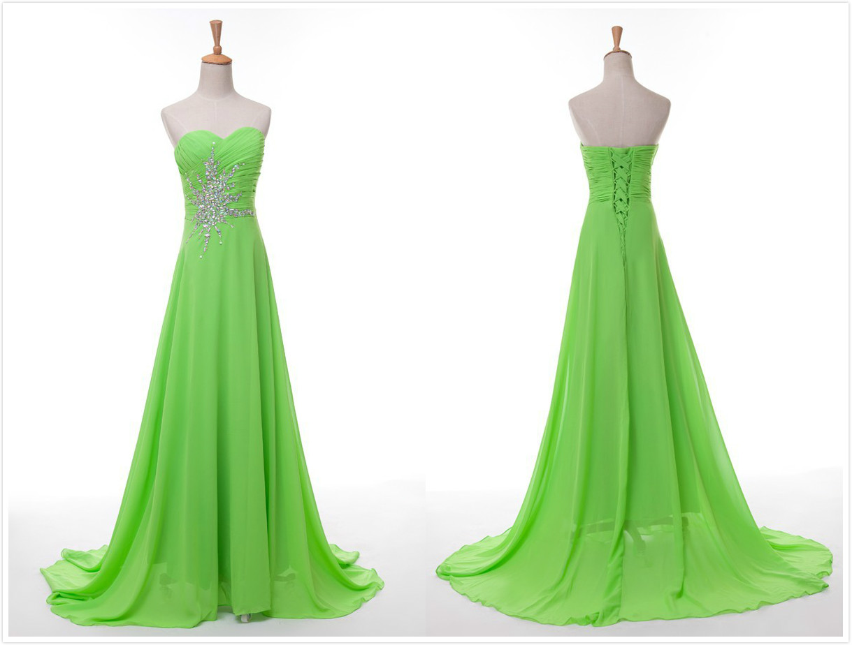 Sweetheart Long Green Chiffon Bridesmaid Dress,beaded Prom Dress,a Line Evening Formal Dress,party Dress