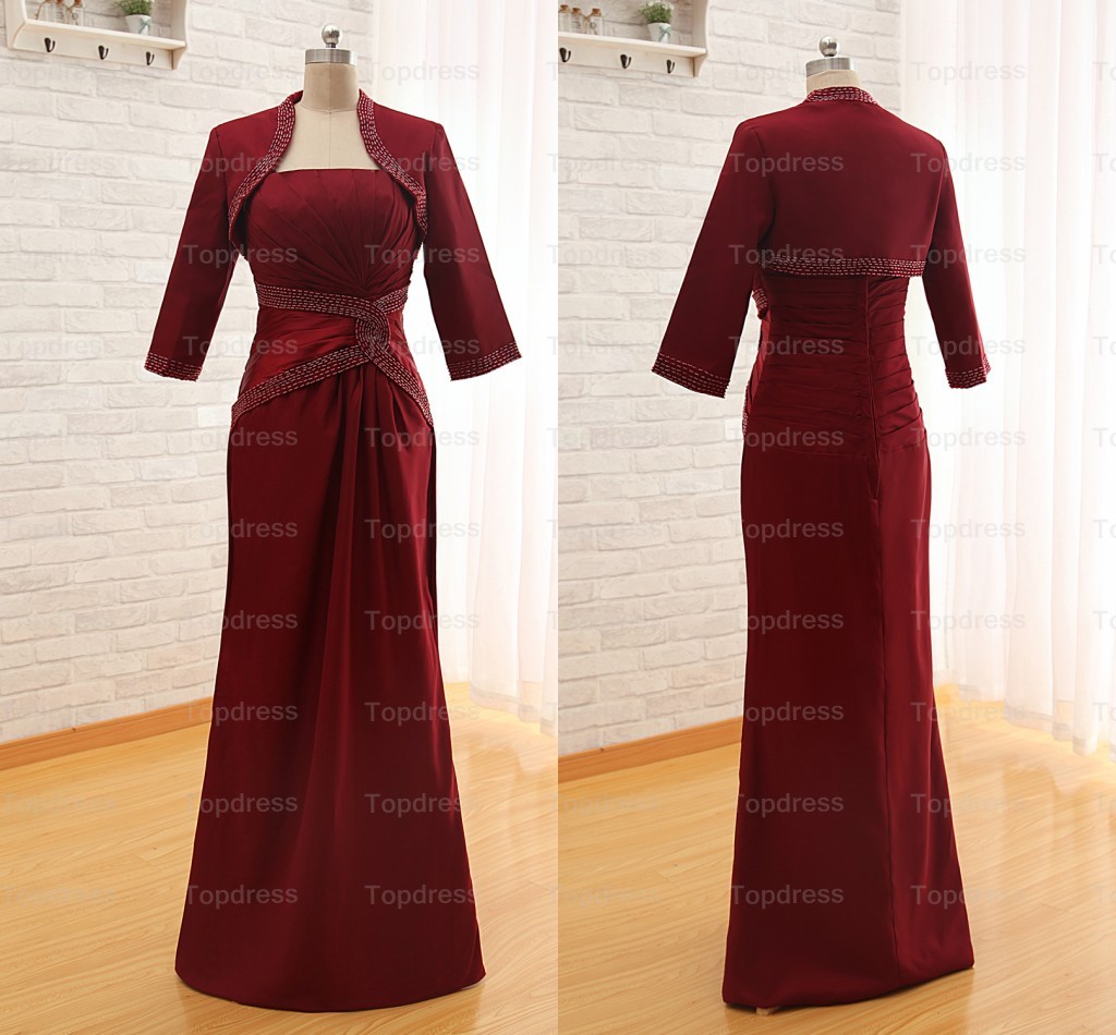 Deep Red Fashion Evening Dresses 2015 Sheath Strapless Beading Pleat Long Satin Mother of the Bride Dresses With Jacket,Party Dresses