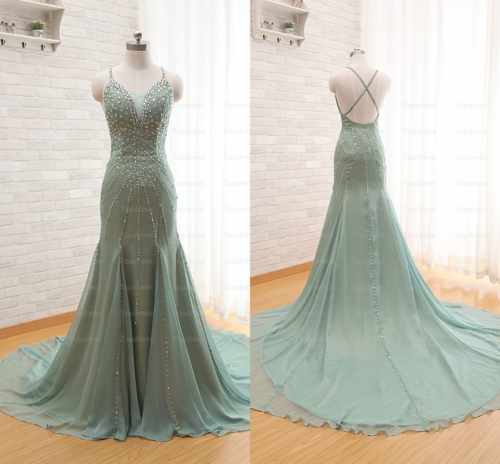 Charming Long Chiffon Prom Dresses 2015 Custom Made Mermaid Sweetheart Spaghetti Crystals Evening Dresses Prom Gowns