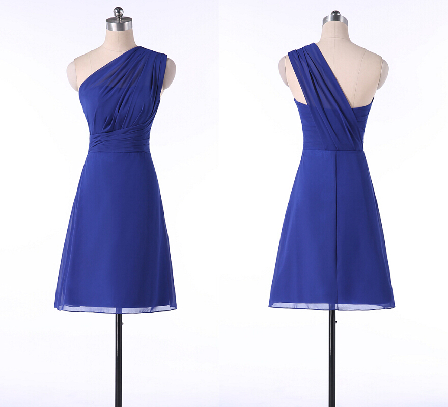 Royal Blue Chiffon One-shoulder Ruched Knee Length A-line Homecoming Dress, Bridesmaid Dress, Formal Dress