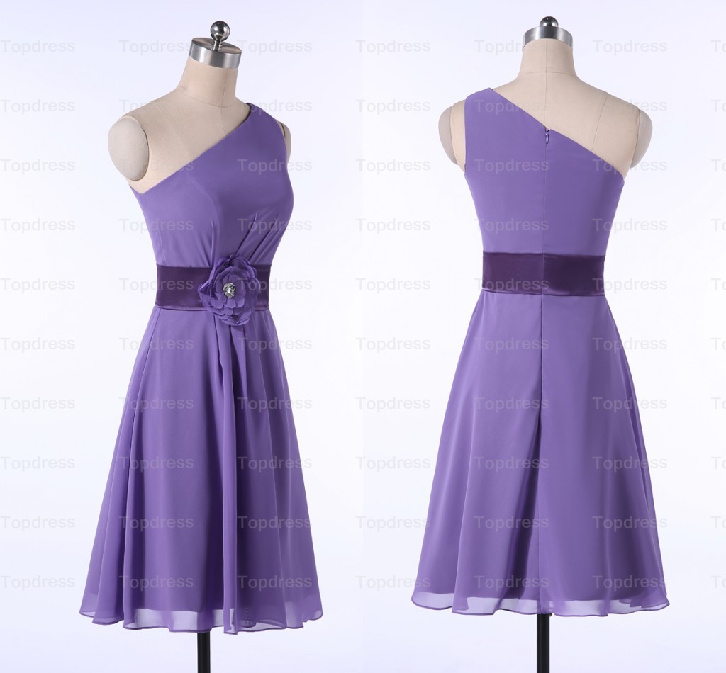 Romantic Purple Simple Short Chiffon Bridesmaid Dresses 2015 One Shoulder Flower Sashes Knee-length Party Dresses Prom Gowns