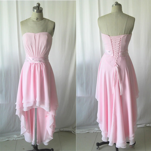 Elegant Hi-lo Pink Prom Dresses 2015 A-line Strapless Beaded Sequined Cocktail Dresses Graduation Dress
