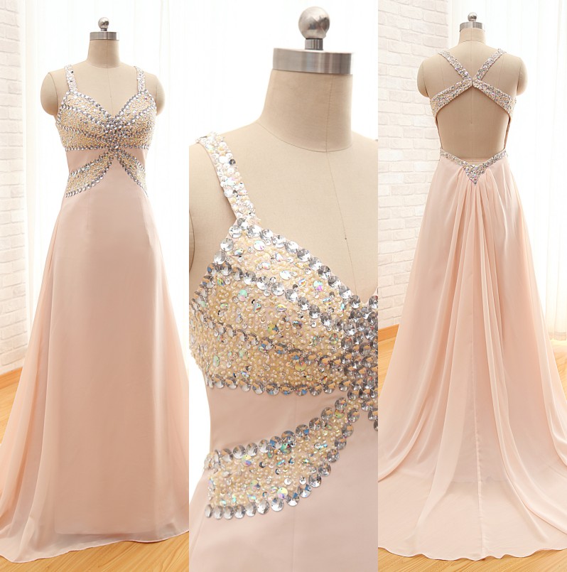 2016 Custom Made Fashion Long Chiffon Prom Dresses ,a-line Sweetheart Spaghetti Backless Evening Dresses With Sequined Beaded