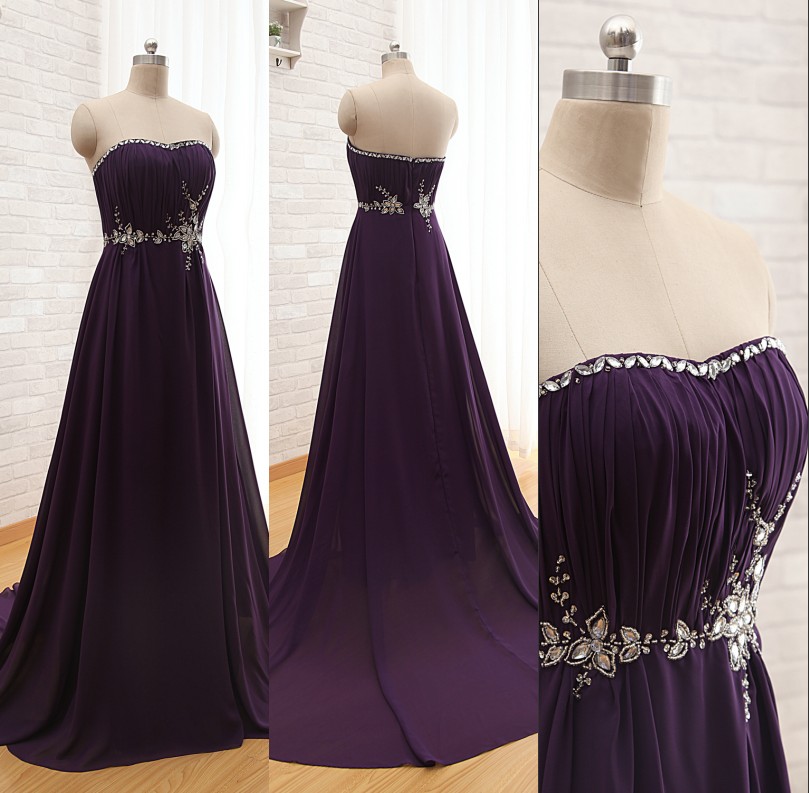 Elegant Purple Long Chiffon Formal Party Dresses 2015 Strapless Beaded Crystals Evening Dresses Elegant Women Gown