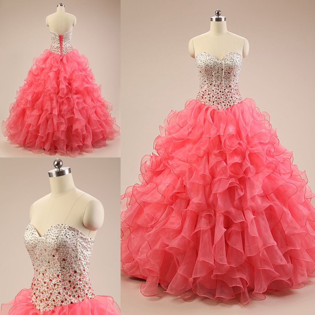 2016 New Watermelon Quinceanera Dresses Sweetheart Lace Up Back Beads Sequined Ruffles Quinceanera Dresses For Sweet 15-16,Prom Dresses,Pageant Dresses