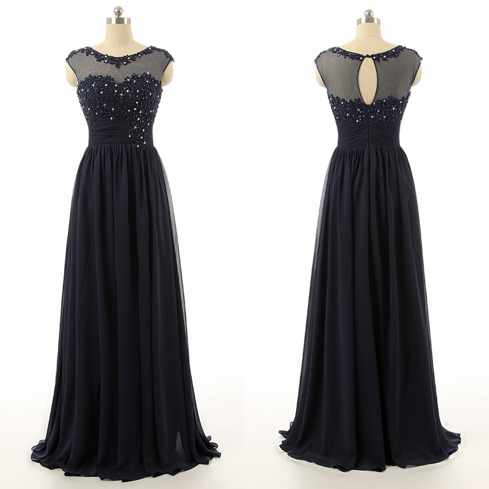 Dark Blue 2015 Evening Dresses A-line Sheer Scoop Appliques Sequins Open Back Floor-length Chiffon Party Dresses Mother Of The Bride