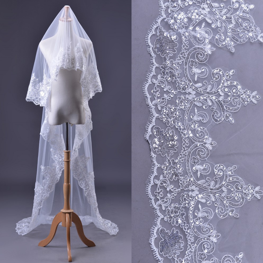 Wholesale 3 Meters Long Wedding Veils Bridal Accesories Lace Edge Sequined Veil Bridal Veils White