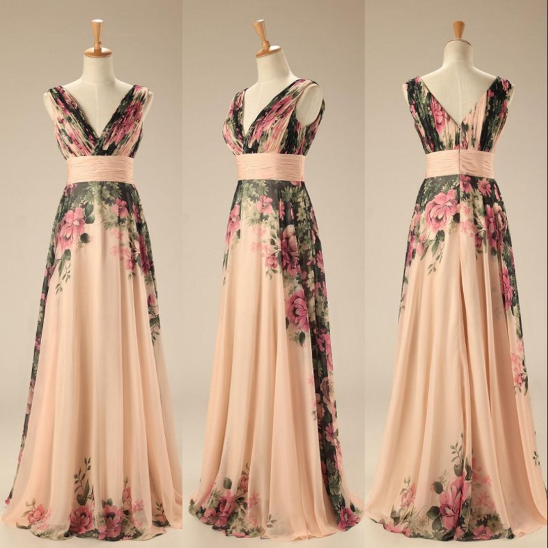 Chiffon Long Formal Evening Dresses 2015 Sell Classic Fashionable V Neck Print Prom Dresses Party Gowns