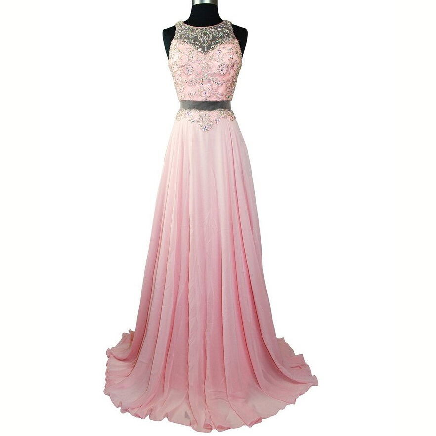 Elegant Pink Long Chiffon Prom Dresses 2015 Newest Jewel See Through Back Beaded Crsyatsl Evening Party Dresses Celebrity Dresses