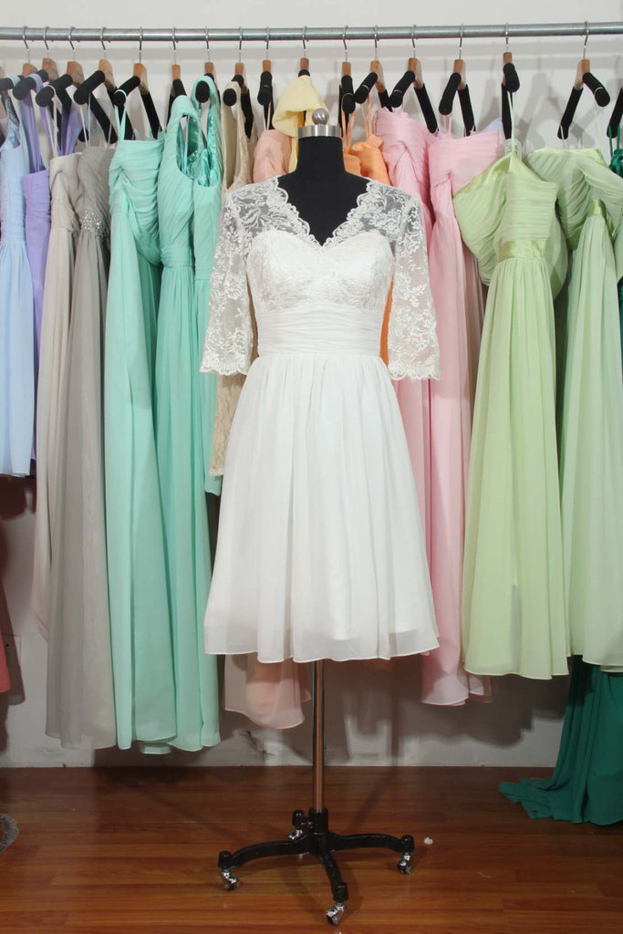 V-neck Half Sleeves Lace Short Wedding Dress, Chiffon Wedding Bridal Dress, Wedding Party Dress,bridesmaid Dresses
