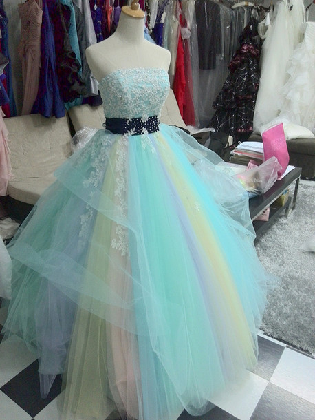 Fashion Rainbow Quinceanera Dresses For Sweeth 16 Real Ball Gown Beaded Appliques Strapless Prom Dress 2015 Wedding Dresses